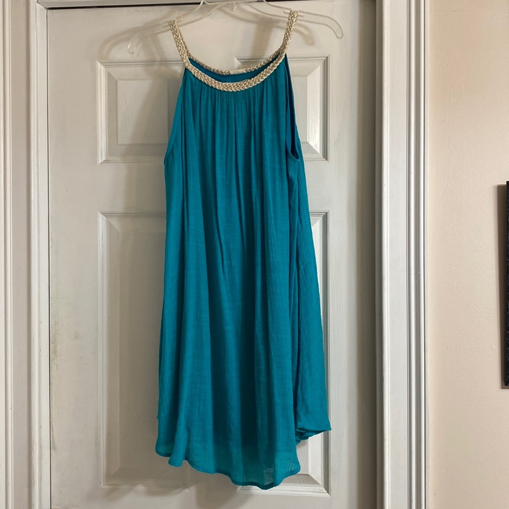 Beautiful turquoise dress with Silver braided neckline and straps *NEVER WORN*
